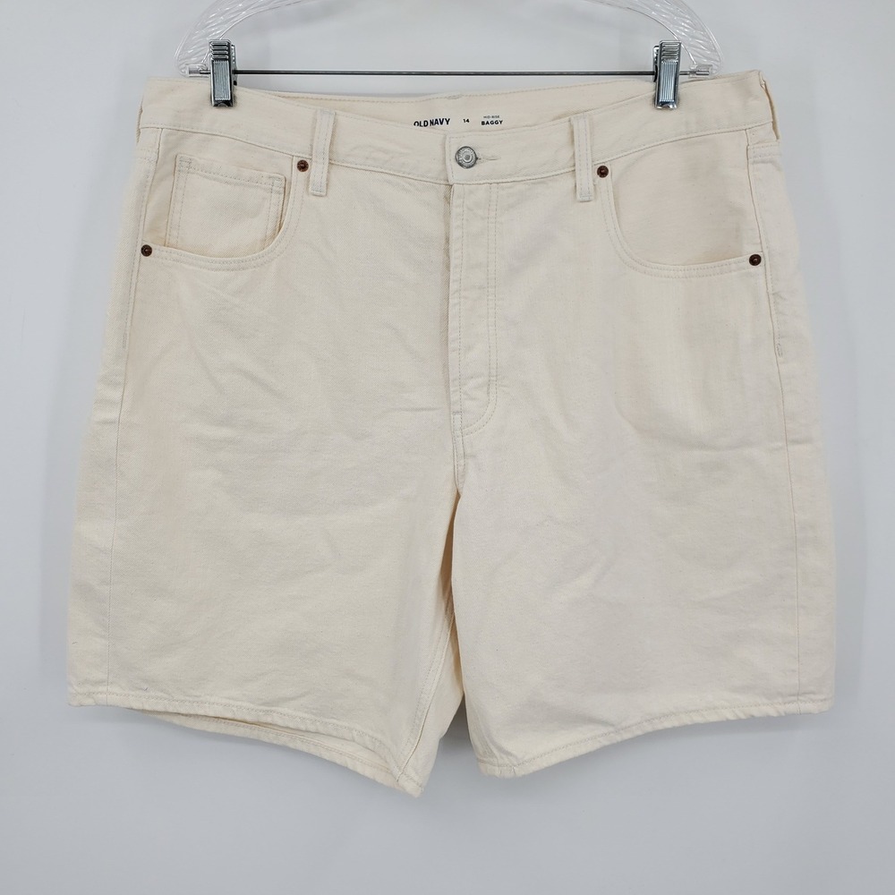 Old Navy Womens 14 Mid-Rise Baggy Denim Shorts Cream Off-White Cotton Button Fly